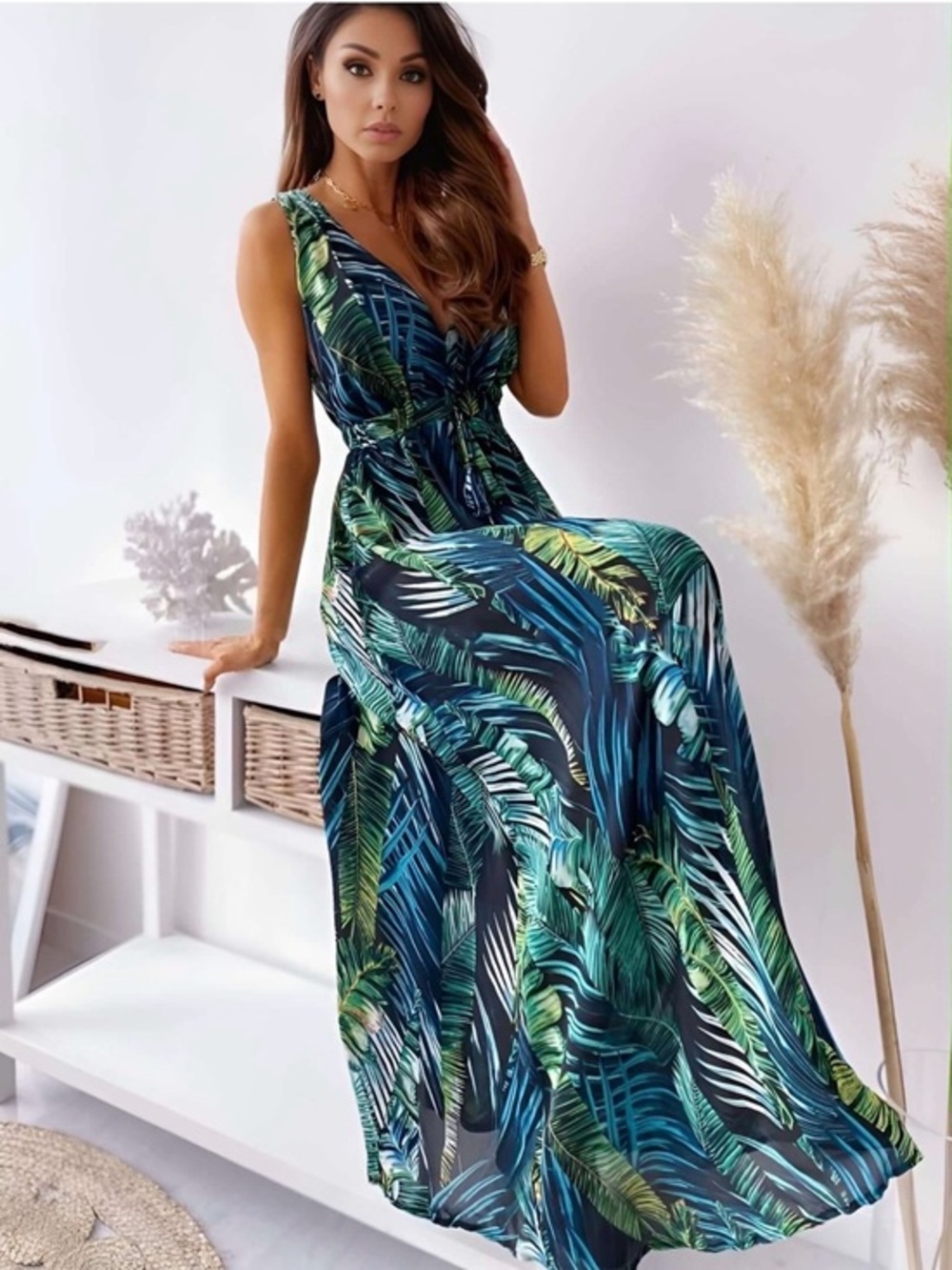 Tropical Green Leaf Maxi Dress with V-Neck- SIZE SMALL